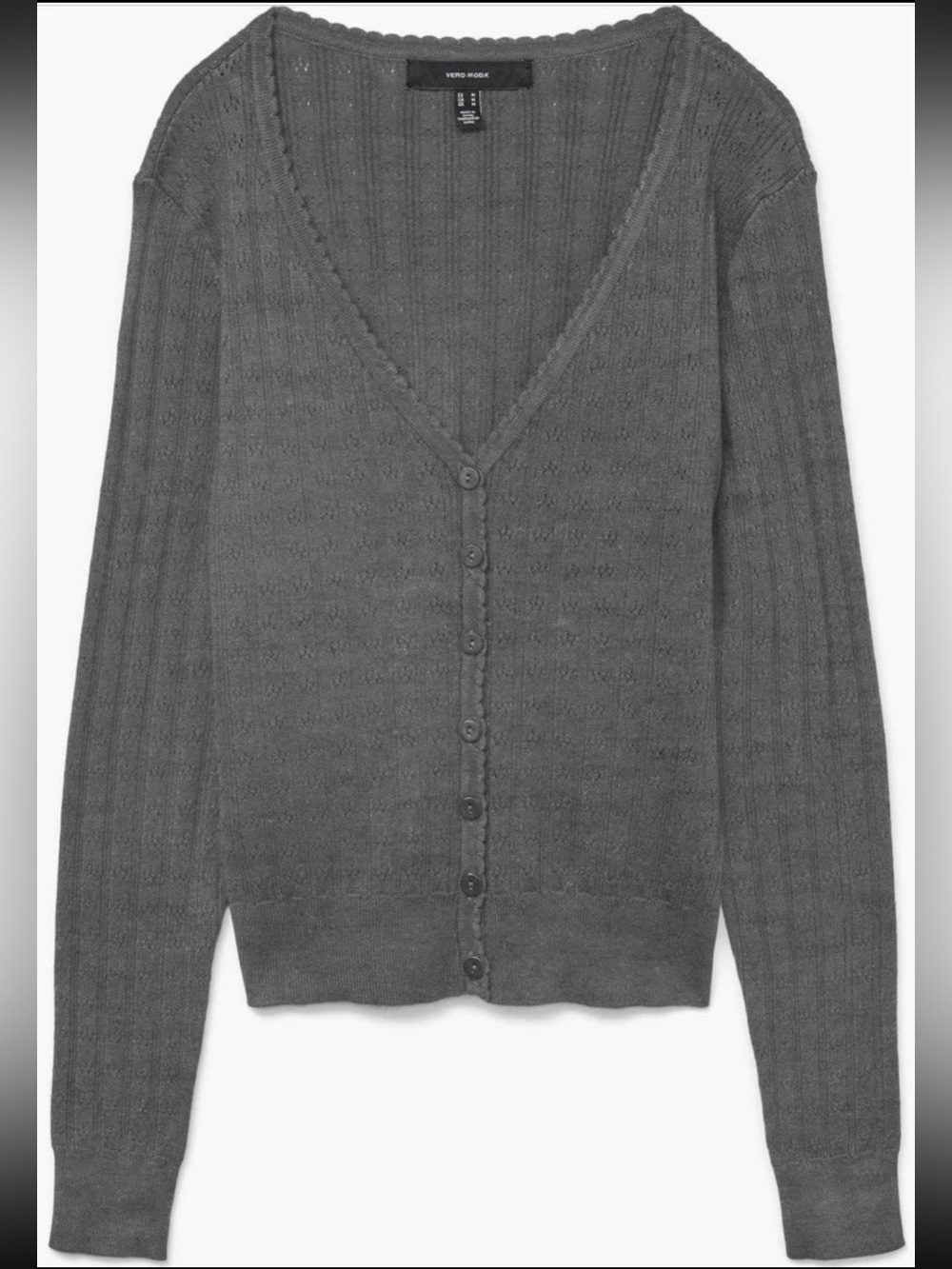 Vero Moda Women's L Gray Pointelle V-Neck Cardigan Button Scallop Trim